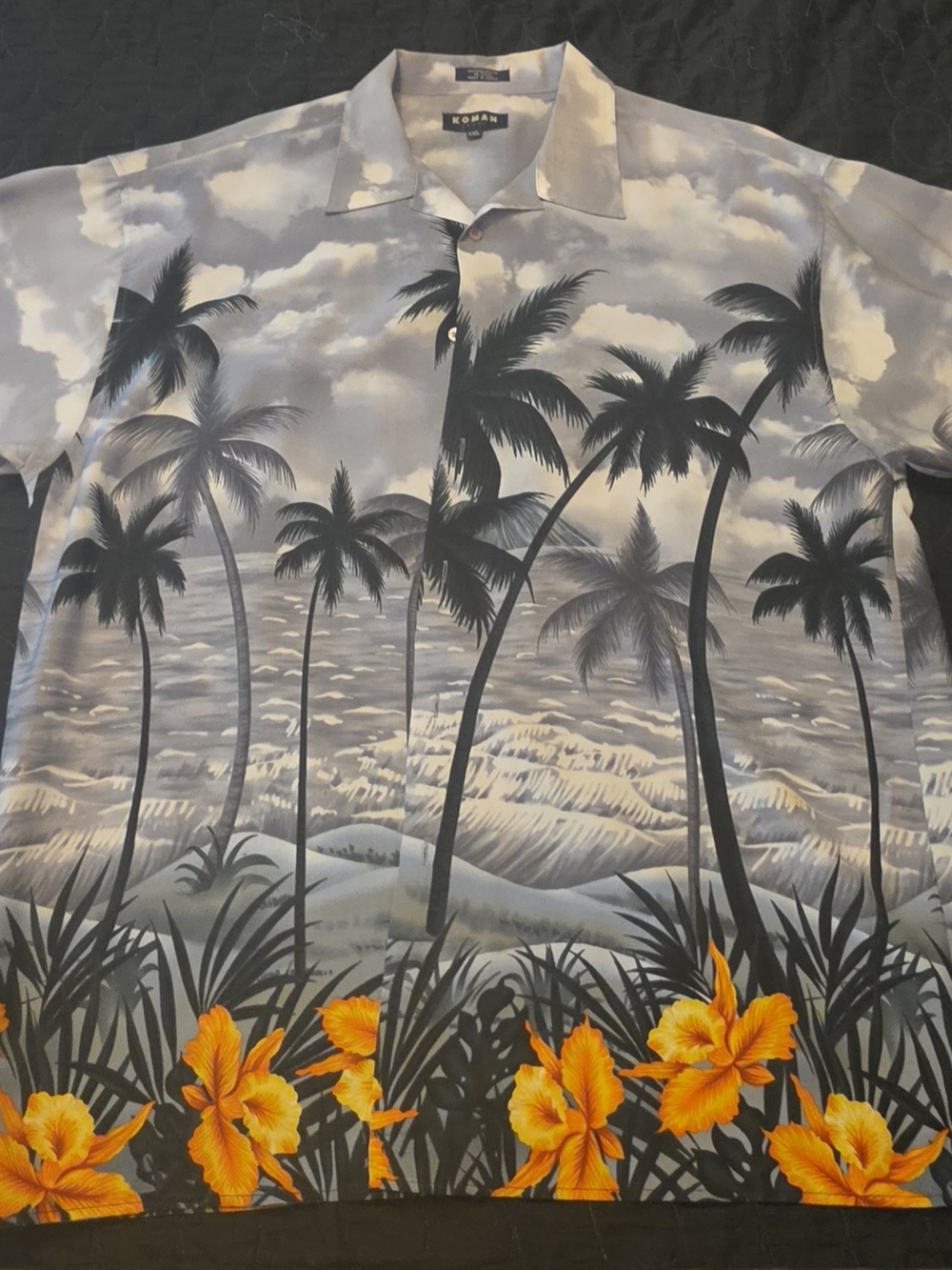 Men's Tropical Palm-Print Short-Sleeve Shirt in Gray with Orange Floral Accent